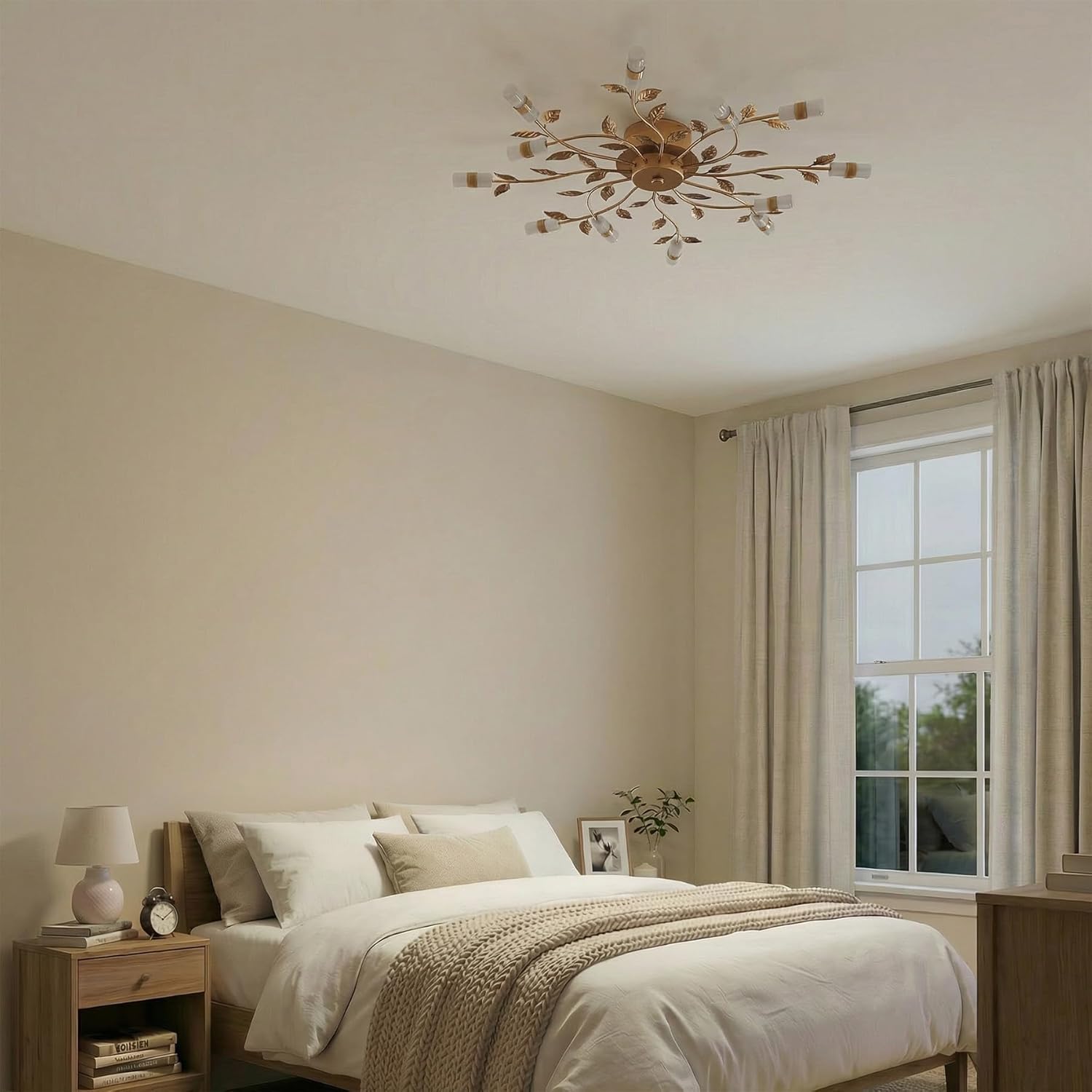 31.5" Rustic Floral Ceiling Chandelier, 12-Light LED, Bronze Finish Close to Ceiling Light Fixture for Bedroom Living Room Dining Room Entryway, Warm White 3000K, Shallow Height