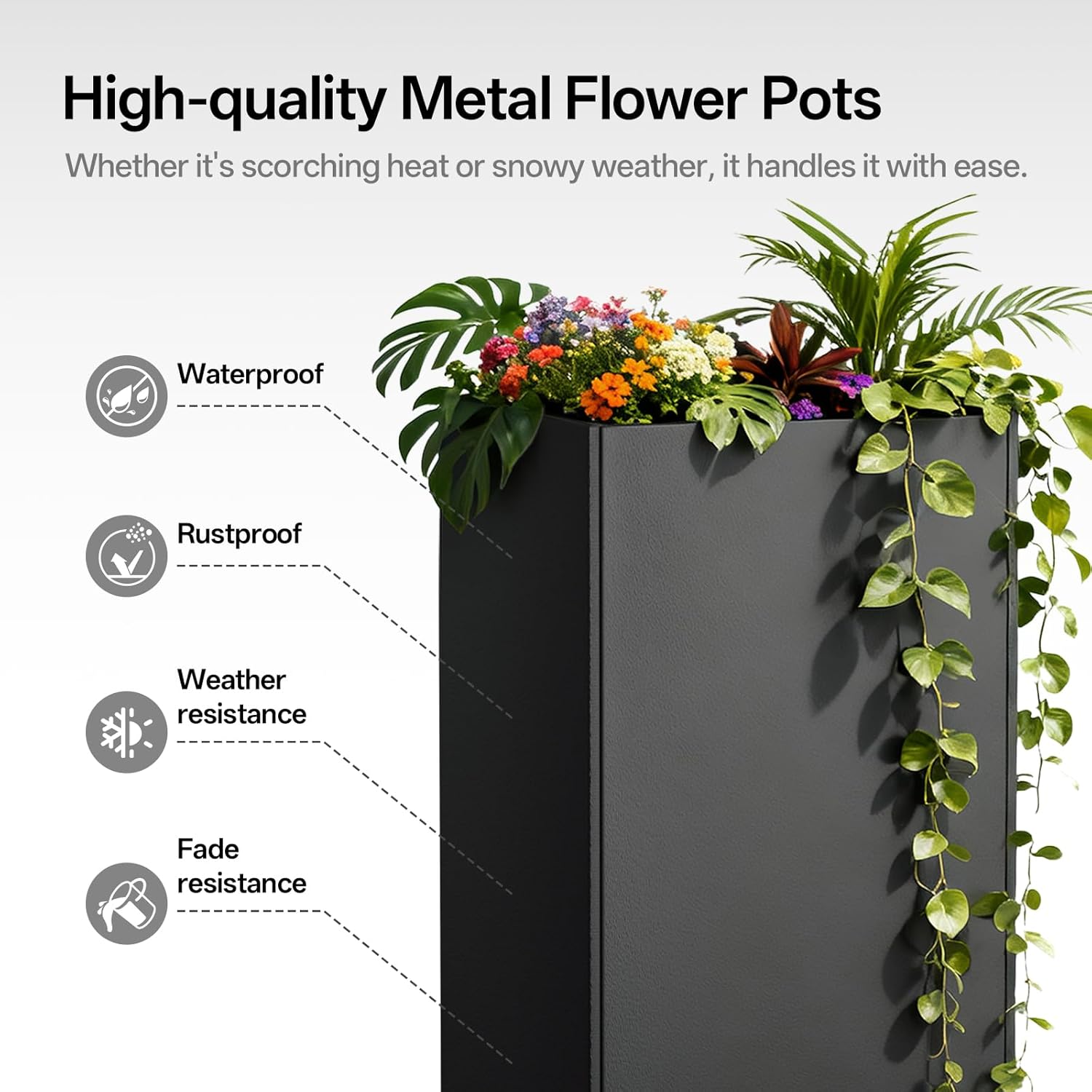 Metal Planter Box 14" x 14"x 30",Heavy-duty Galvanized Steel Outdoor Planter with Removable Built-in shelf and Drainage Holes,Rectangular Planter for Porches, Gardens, Patios, and Courtyards，Black