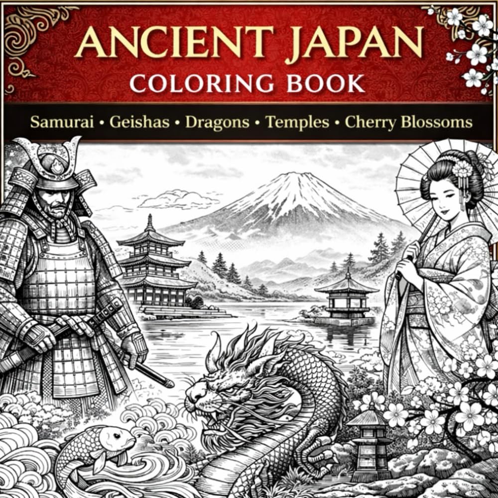 Ancient Japan Coloring Book: Samurai, Geishas, Temples, Dragons, Cherry Blossoms: A Beautiful Japanese Culture Coloring Book Featuring Samurai ... Traditional Japan Designs for Adults & Teens
