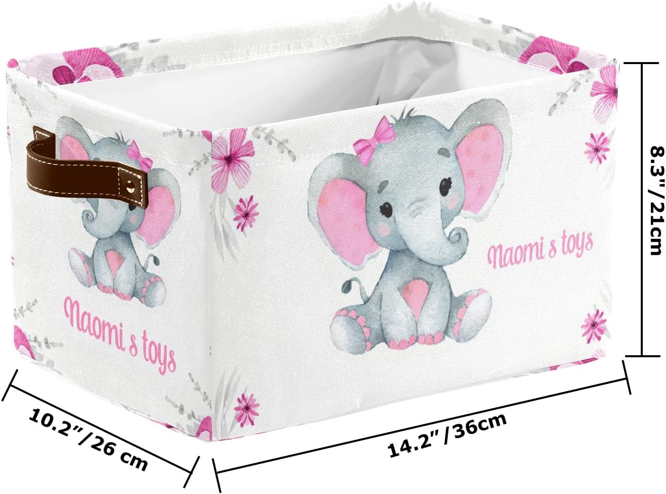 Pink Elephant Personalized Storage Bins ,Baskets Cubes Organizer with Handle for Shelves Closet Nursery Toy 1 Pack