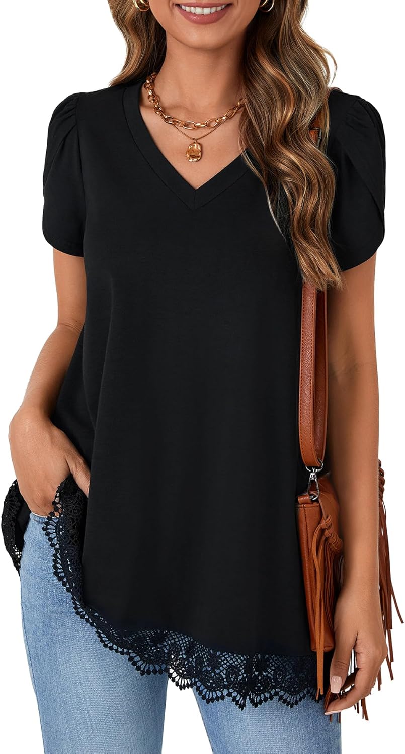 LYANER Women's Casual V Neck Lace Hem Short Sleeve Flowy Blouse Tunic T-Shirt Tee Top - Image 2