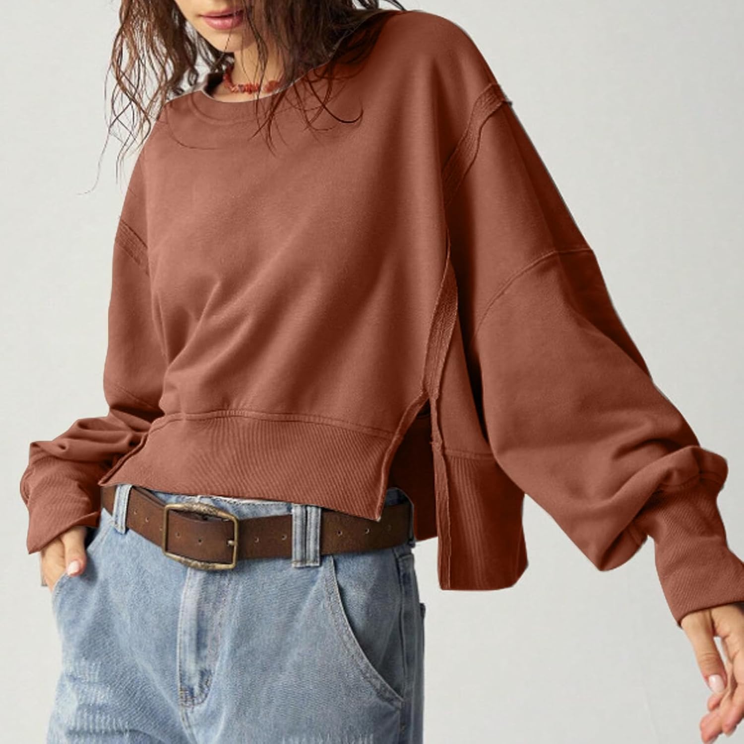 EGUGYDW Womens Crewneck Sweatshirts Cropped Long Sleeve Side Slit Loose Fit Teen Girls 2025 Fall Crop Pullover Tops - Image 5