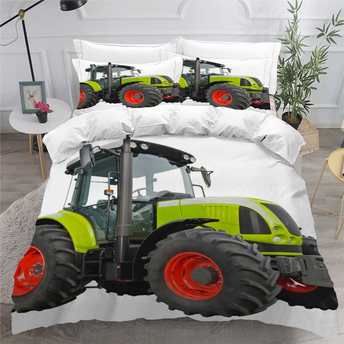 LUORU Tractor Bedding Set Wheat Field Harvester,Farm Machine Teenage Boy Duvet Cover and Fluffy Pillow Cases 2 Pack, Teenager's Room Duvet Cover Set Double Retro Car Bedding