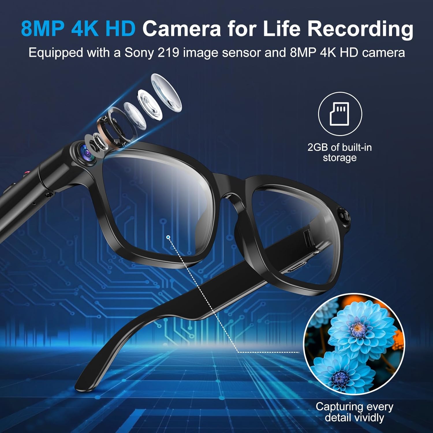 AI Smart Glasses with 8MP Camera, 4K Video, Photo Capture, Real-Time Translation, Recording, AI Assistant, Open-Ear Audio, Bluetooth, Object Recognition, Replaceable Sunglasses Lenses for Men Women