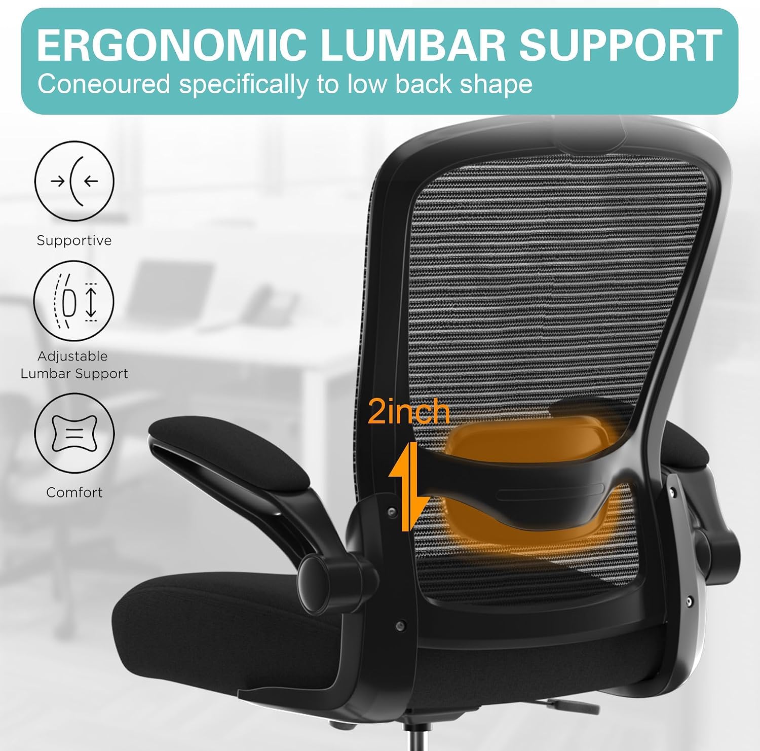 Silla de oficina, silla de escritorio ergonómica de respaldo alto con soporte lumbar ajustable y reposacabezas, con reposabrazos abatibles para tocar la guitarra, moderna, negro (marco negro)