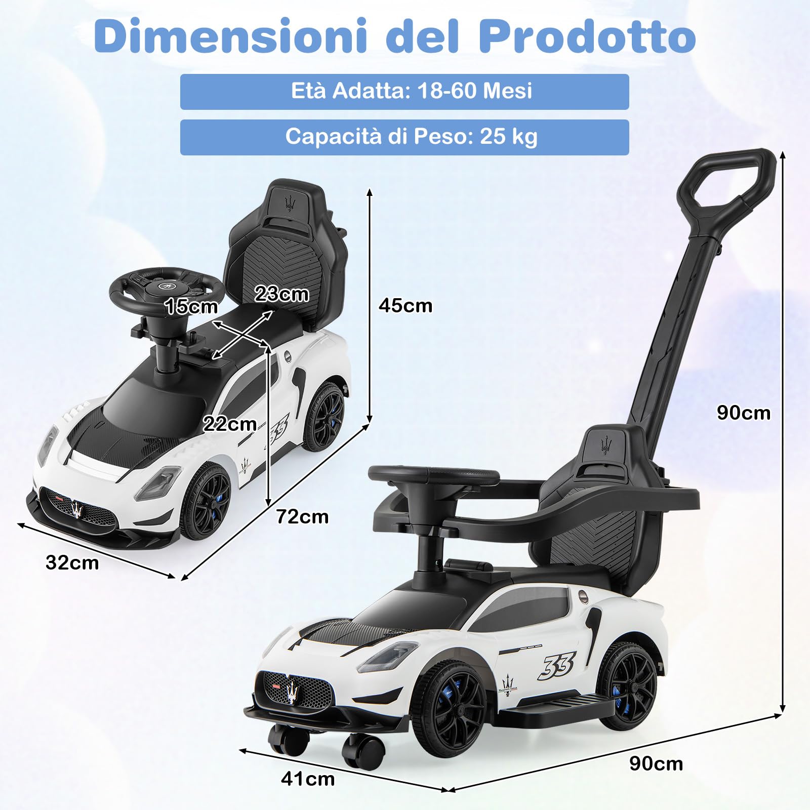 COSTWAY 3 in 1 Maserati Auto da Spinta, Auto Scorrevole con 2 Ruote Universali Volante Musicale Paracolpi e Manubrio, Macchina Cavalcabile con Ripostiglio per Bambini 18-60 Mesi (Bianco)