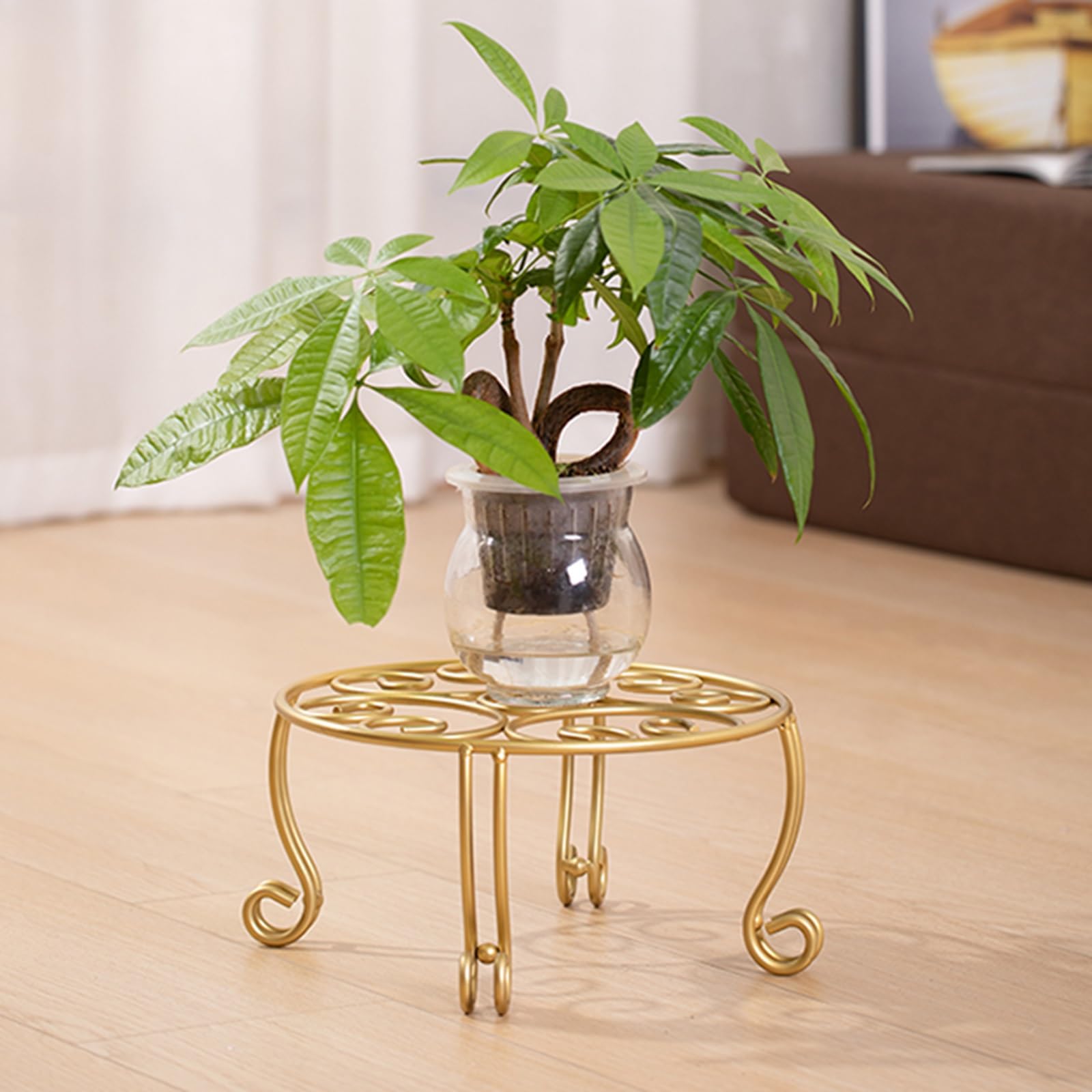 Étagère à plantes d'intérieur dorée pour créer un coin de verdure lumineux dans le salon