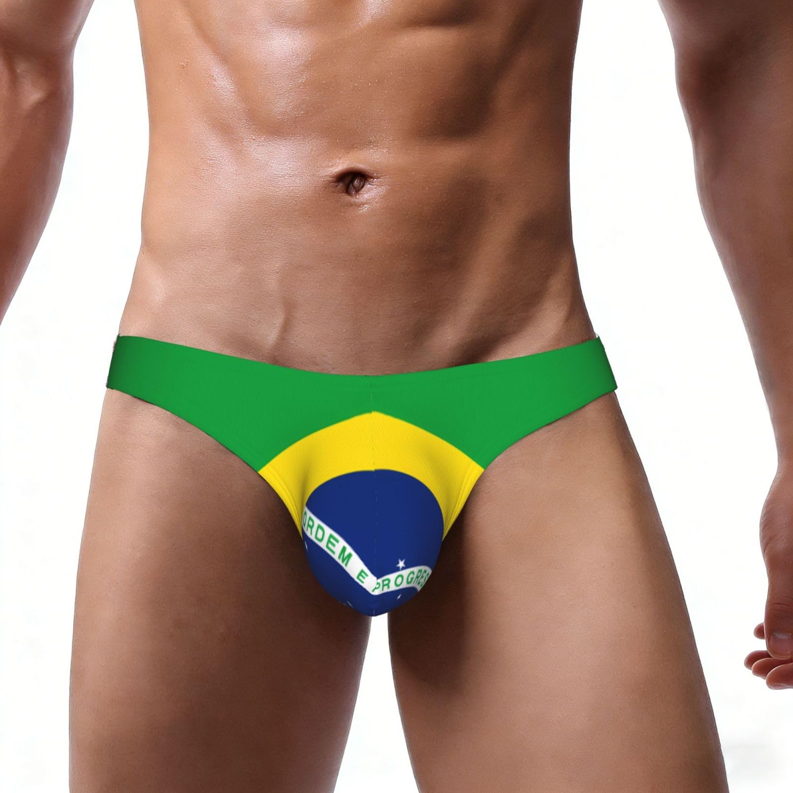 WBQLSL Brazilian flag Printed beach sports swim trunks, sexy men's bikini briefs, stretchy and comfortable M Black