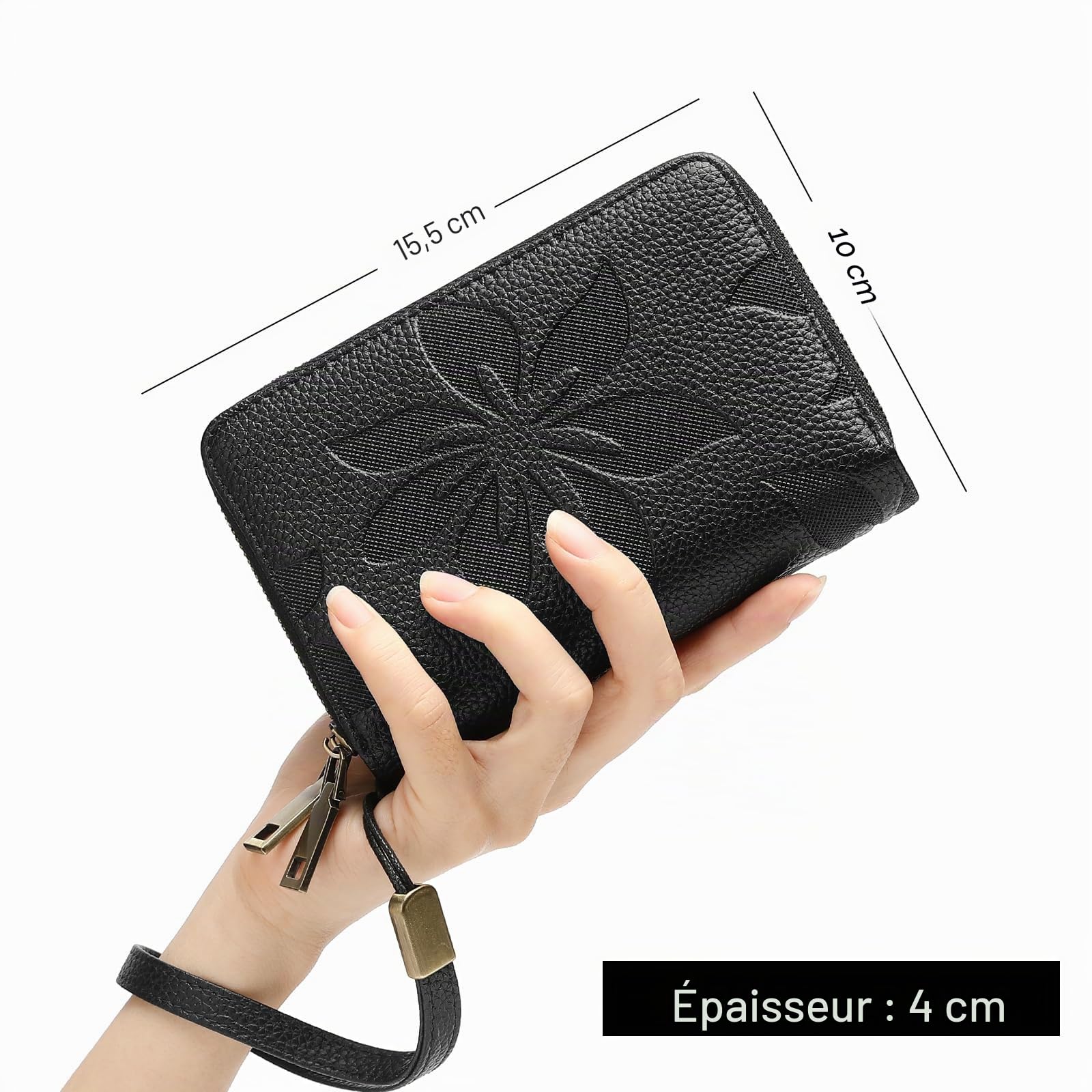 GOIACII – Portefeuille en cuir pour femmes avec blocage RFID, taille moyenne, double fermeture éclair, porte-cartes de crédit avec 10 fentes pour cartes et bracelet, A01-noir., M, Classique