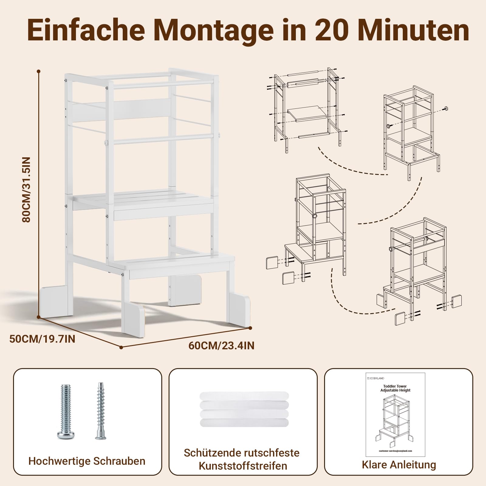 COSYLAND Lernturm Montessori Learning Tower Holz Stabil, Reinweiß | Stabiler Toddler Tower mit 4 Stützfüßen & Rutschschutz. 3-fach höhenverstellbar für Kinder ab 2 Jahren in Küche.