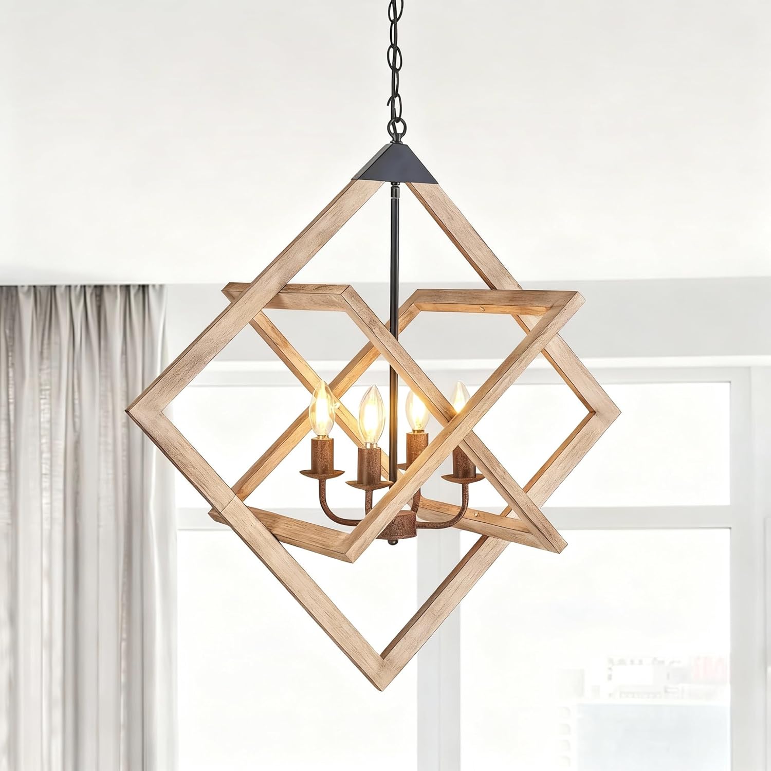 27in Modern Farmhouse Chandeliers for Dining Room, Rustic Wood Pendant Light Fixture, Adjustable Hanging Chain for Living Room for Farmhouse Kitchen Entryway Living Room