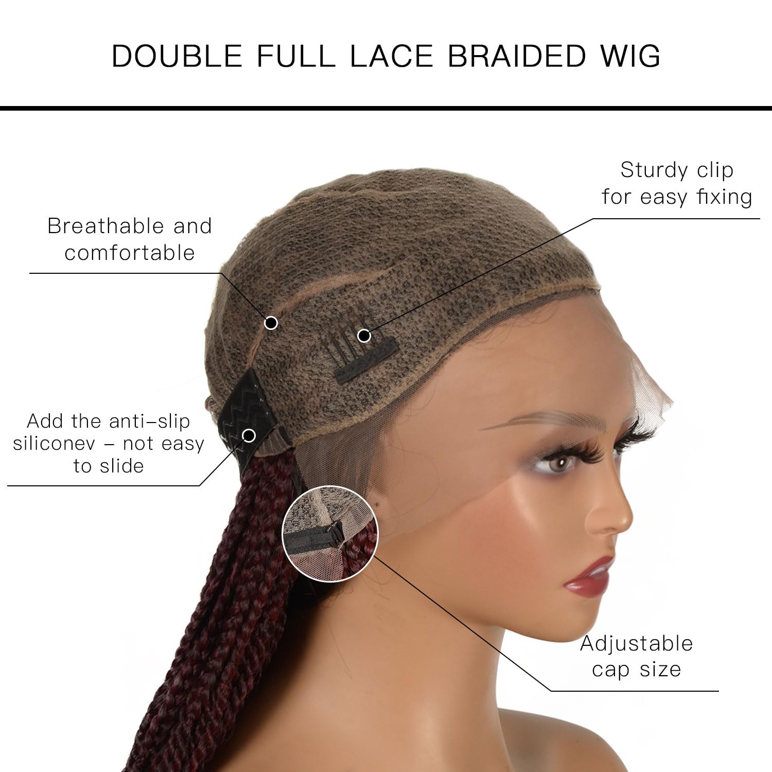 BrittyHair Full Lace Knotless Box Braided Wigs for Black Women Double Full Lace Front Braided wig Glueless Braided Wigs with Baby Hair Synthetic Braided Lace Front Wigs(32 Inch, Wine red)