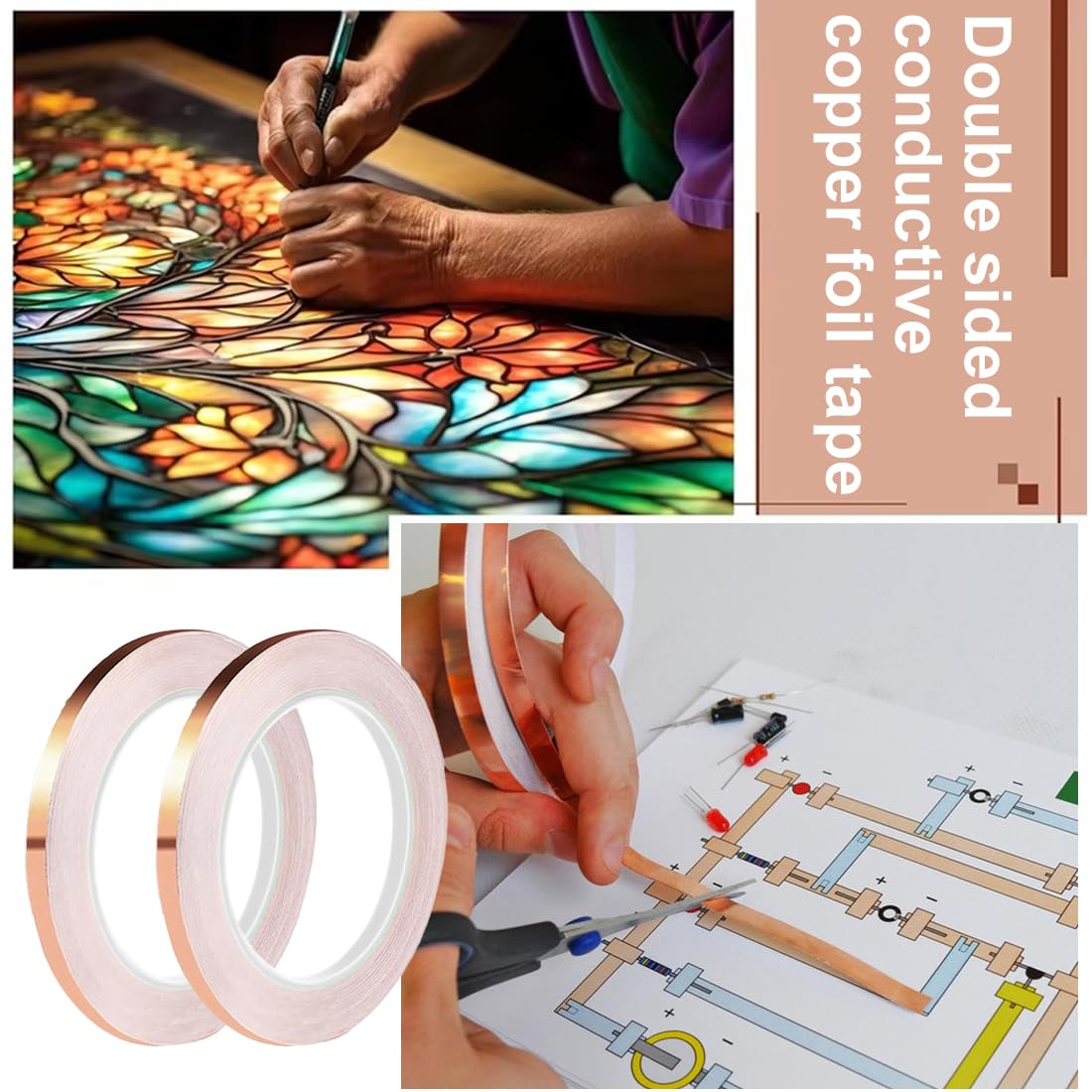 Stained Glass Making, nastro di rame adesivo 2 rotoli di nastro in lamina di rame da 5 mm x 50 m, specifico per chitarra, con raschietto in plastica nastro rame adesivo
