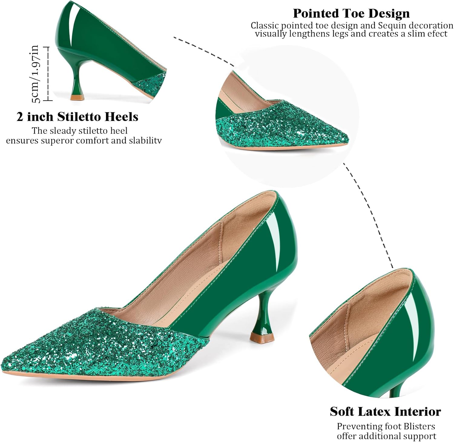 Women's Kitten High Heels 2 Inch Sequin Pointed Toe Leather Pumps Comfortable Slip On Wedding Party Dress Stilettos Shoes - Image 6