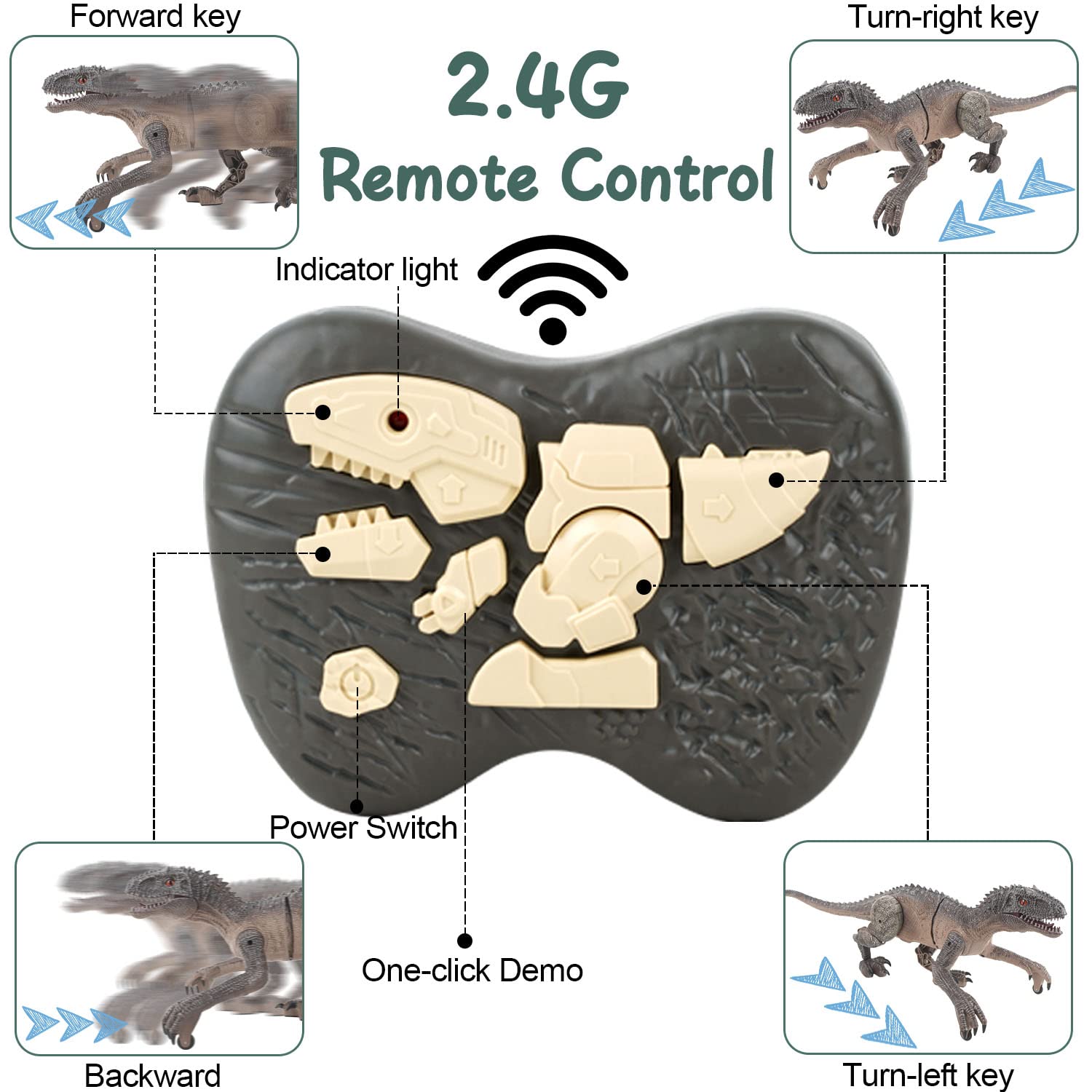 Kizmyee Dinosaurios Juguetes, Dinosaurio Teledirigido con Movimiento, Luz y Rugido Realista, Juguete Radiocontrol para Niñas 3 4 5 6 7 8 9 10 Años, Animales Juguetes para Regalos Pascua Cumpleaños
