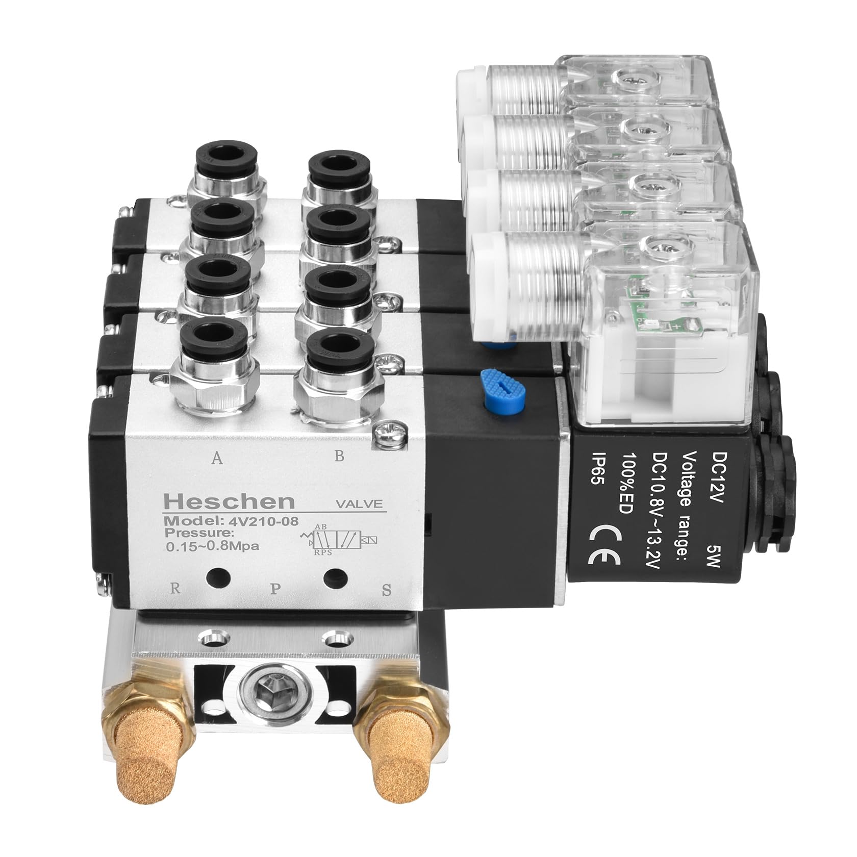 Heschen 4 válvulas solenoides neumáticas eléctricas 4V210-08 DC 12V PT1/4 5 vías 2 posiciones silenciador base colector conjunto de accesorios rápidos