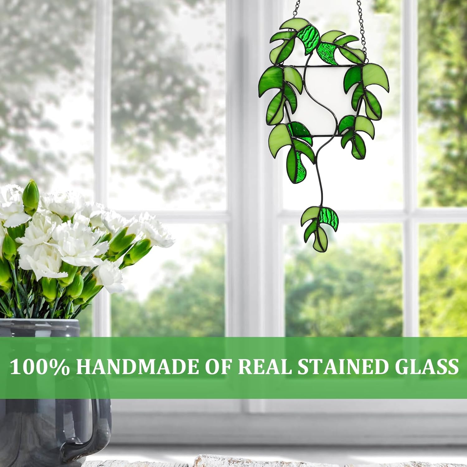 Monstera Stained Glass Window Hanging,Handcrafted Real Stained Glass Plant Suncatcher for Home Indoor Window Wall Decor, Gifts for Plant Lovers,Women,Mother's Day,Christmas