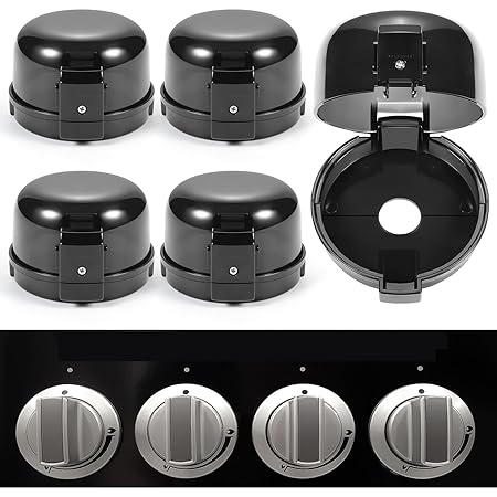 Stove Knob Safety Covers, for Knob Diameter Less Than 2.4", Unlock with Adult Two-Finger, Dual-Key Press Gas Stove Knob Locks, Upgraded Oven Lock Knob Covers for Child Safety, Black Color, Pack of 5