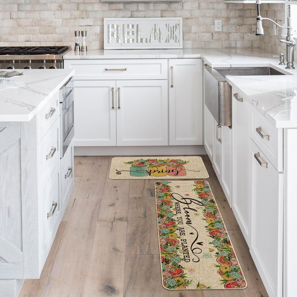 Artoid Mode Vases Flowers Hello Spring Kitchen Mats Set of 2, Home Decor Low-Profile Kitchen Rugs for Floor - 17x29 and 17x47 Inch