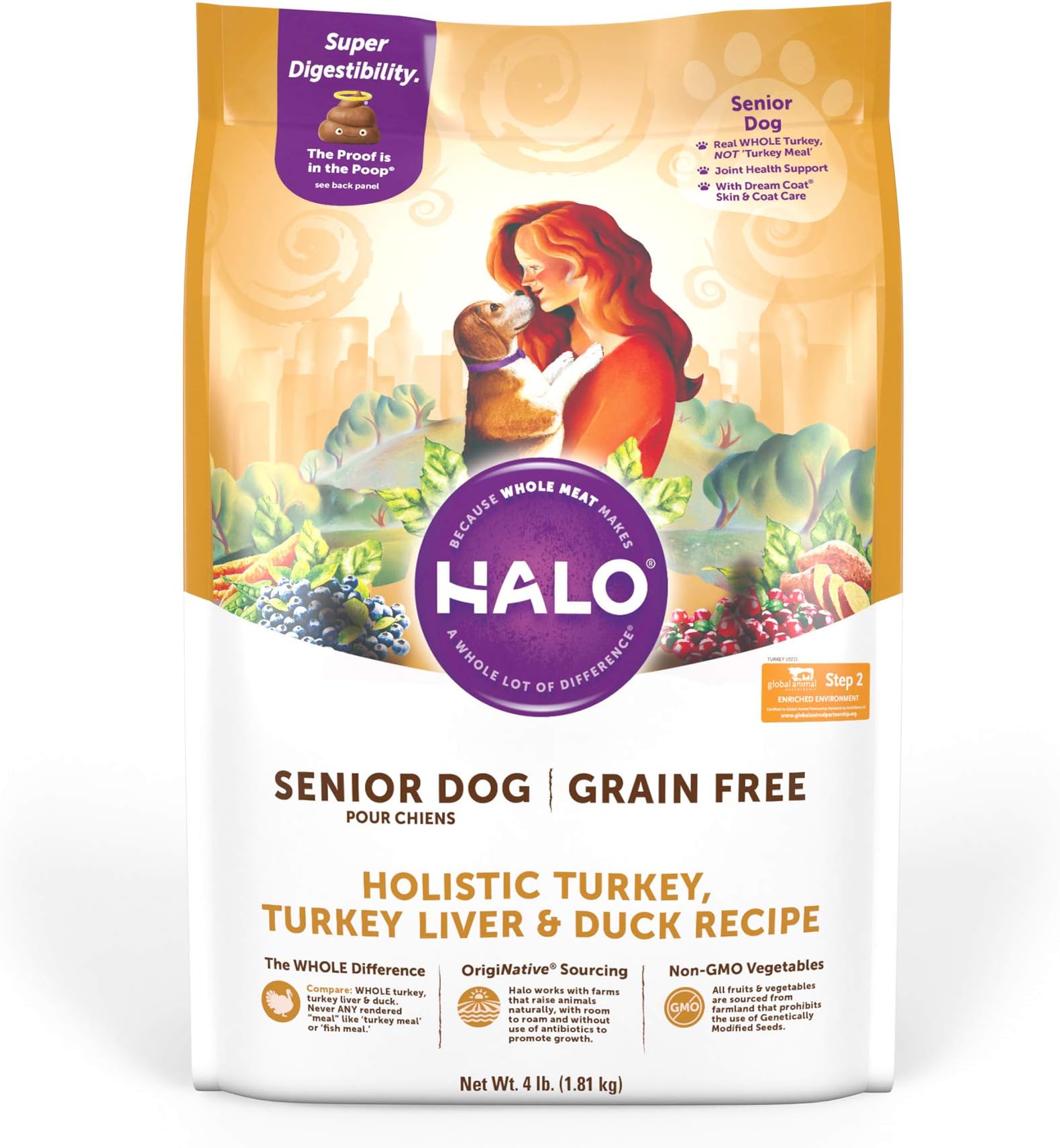 Halo Turkey, Turkey Liver, and Duck Senior Dry Dog Food, 4-Pound Bag