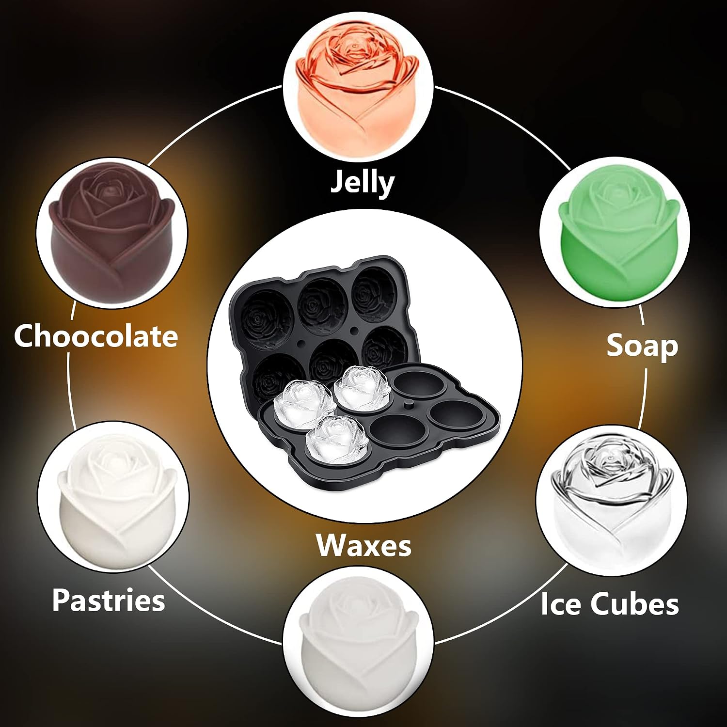 Rose Ice Cube Tray,ZACHDEE 2" Flower Silicone Ice Cube Tray With Covers,6 Easy Release Large Ice Ball for Cocktails, Drinks, Whiskey, Bourbon & Homemade Juice