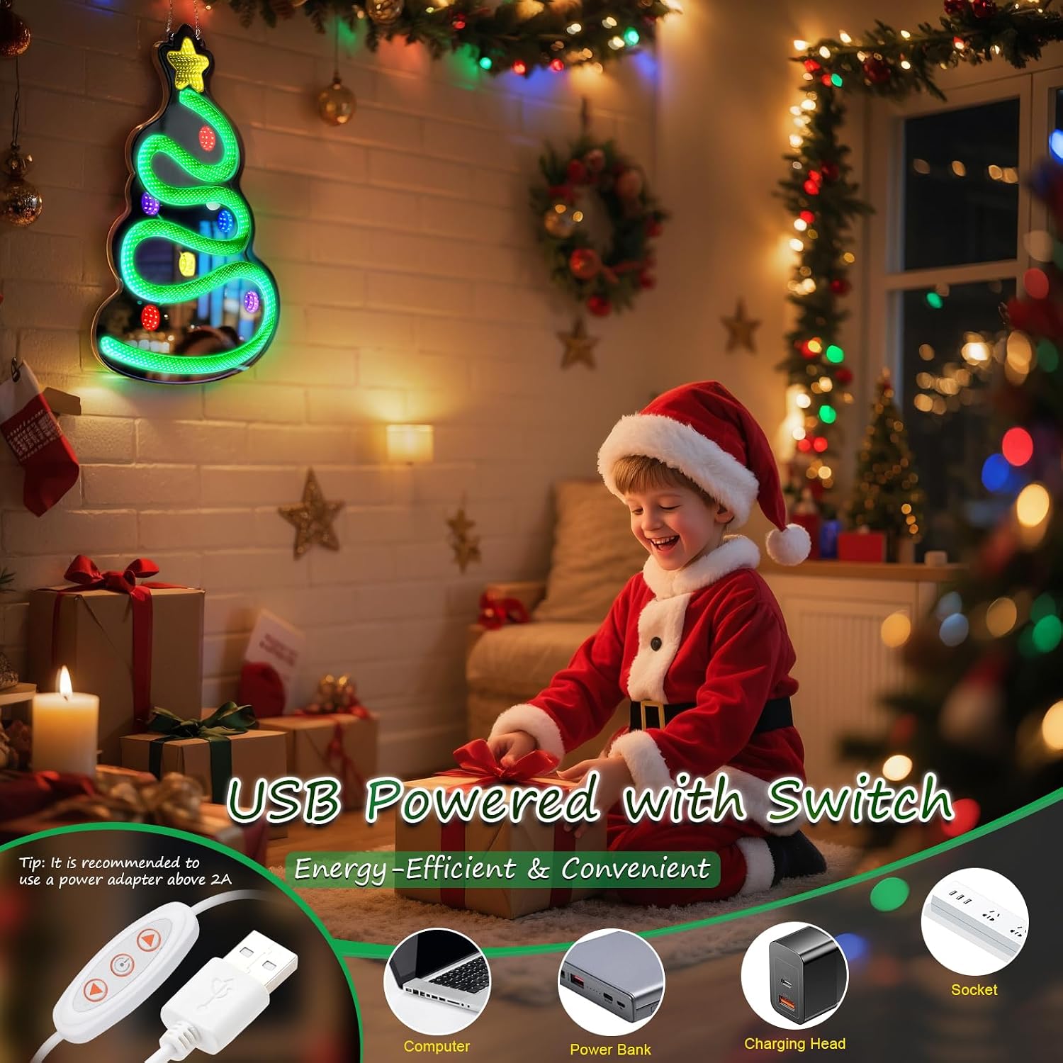 FITNATE 3D Infinity Mirror Light Christmas Tree LED Sign, 19.7x15.4 Inch Wall Decor with 10 Brightness Modes, Holiday Light Up Decoration for Home, Christmas Party