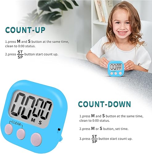 Miniatura 5 de Paquete de 6 temporizadores digitales pequeños de cocina con respaldo magnético e interruptor de encendidoapagado, cuenta de minutos y segundos