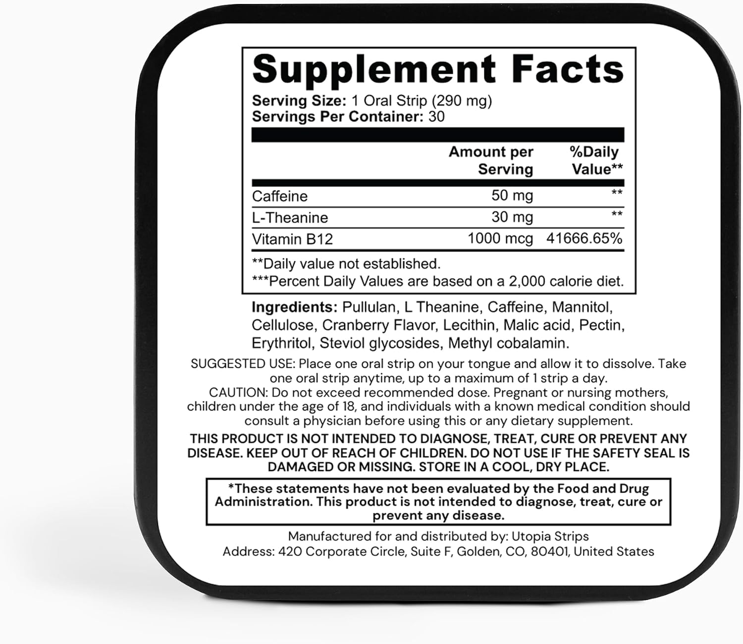 Energy Strips with Vitamin B12 & L Theanine, Natural 50mg Caffeine for Energy Boost, Cranberry Flavor, Oral Strip (30 Count)