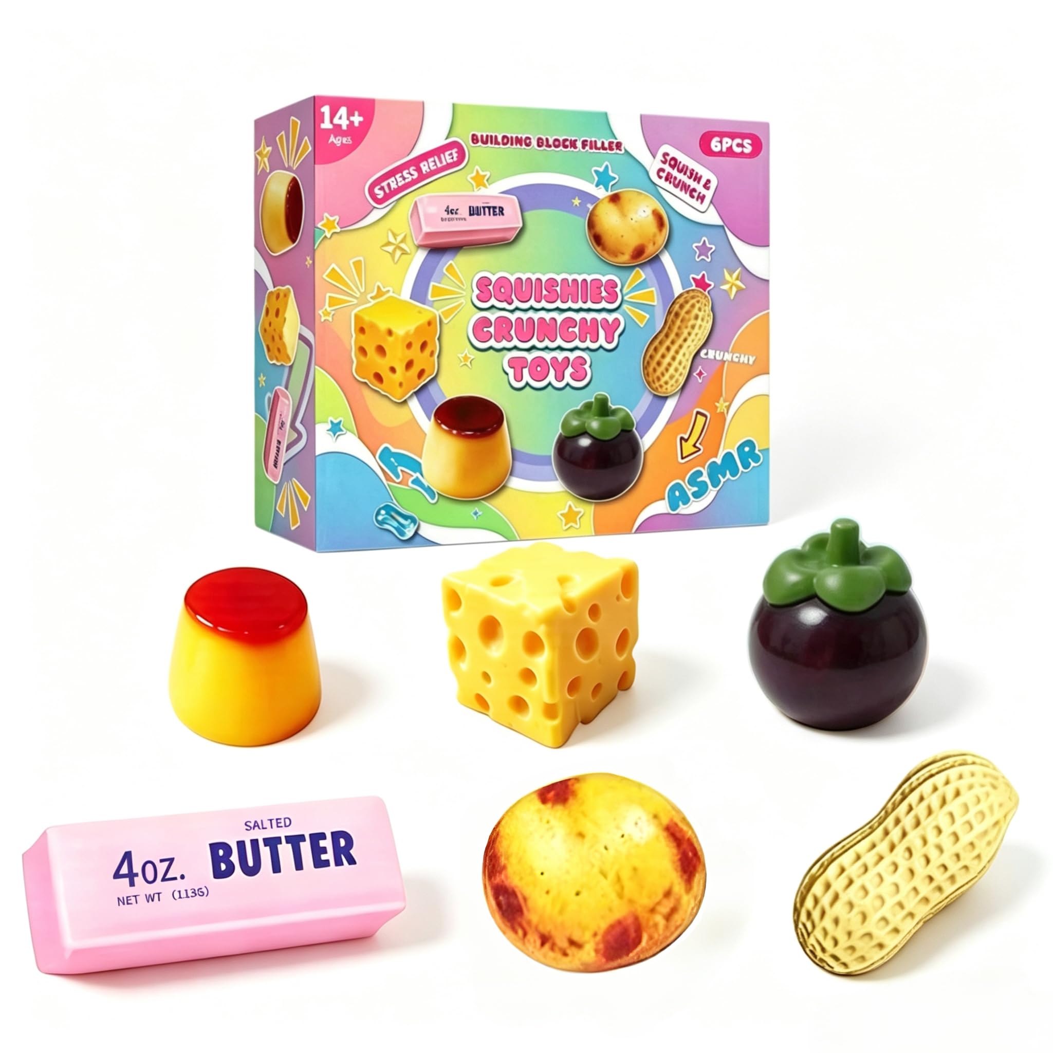 4PCS Crunchy Mango Peanut Potato Soap Pudding Squishy Set, Slow Rising Realistic Amsr Stress Ball, Textured Sensory Ball for Anxiety Management Party Favors (6PCS Wiith Box C)