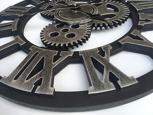 Miniatura 4 de Reloj de pared con engranajes industriales vintage, números romanos 3D redondos de 18 pulgadas, retro, rústico, funciona con pilas, sin tictac, gran