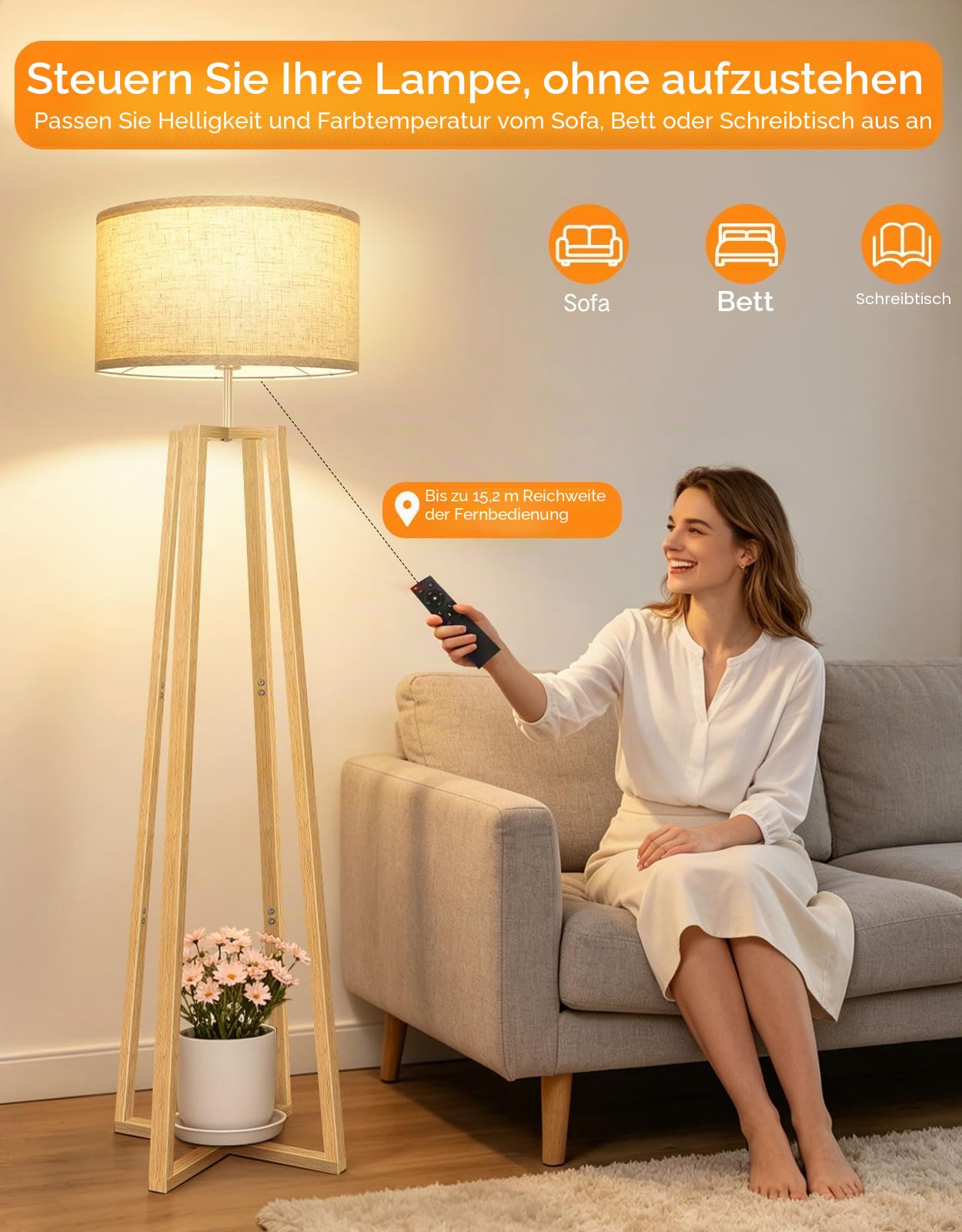 OUTON Dreibein Stehlampe Holz mit Fernbedienung, Dimmbar | 1100LM LED, 3000K-6500K, Leinen Lampenschirm, Massivholz, Timer, Memory Funktion, Fußschalter