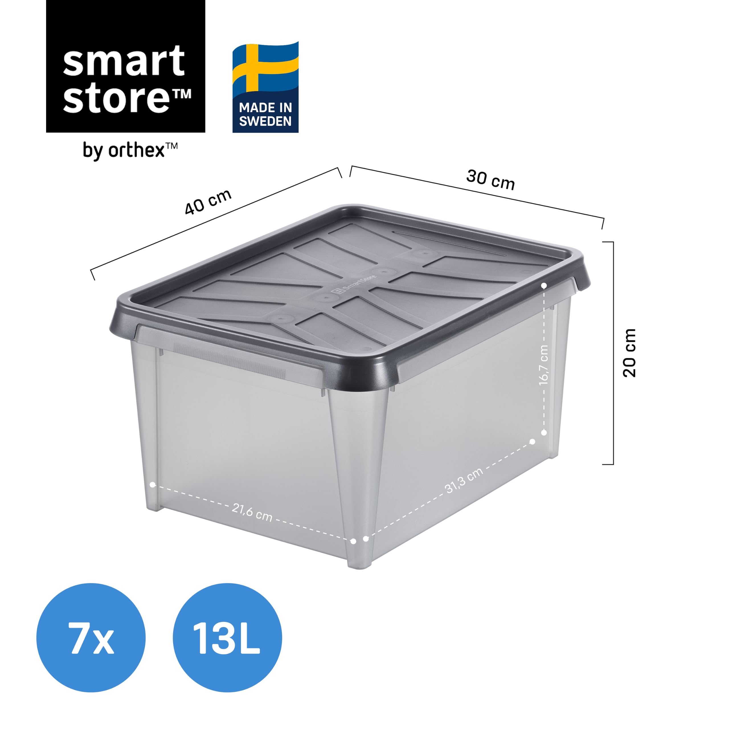 SmartStore Pojemnik z Pokrywą 13 L I Zestaw 7 szt. Sztaplowalny I 40 x 30 x 20 cm I Wodoodporny, Pyłoszczelny I Garaż Piwnica Strych I Made in Sweden, 10 Lat Gwarancji