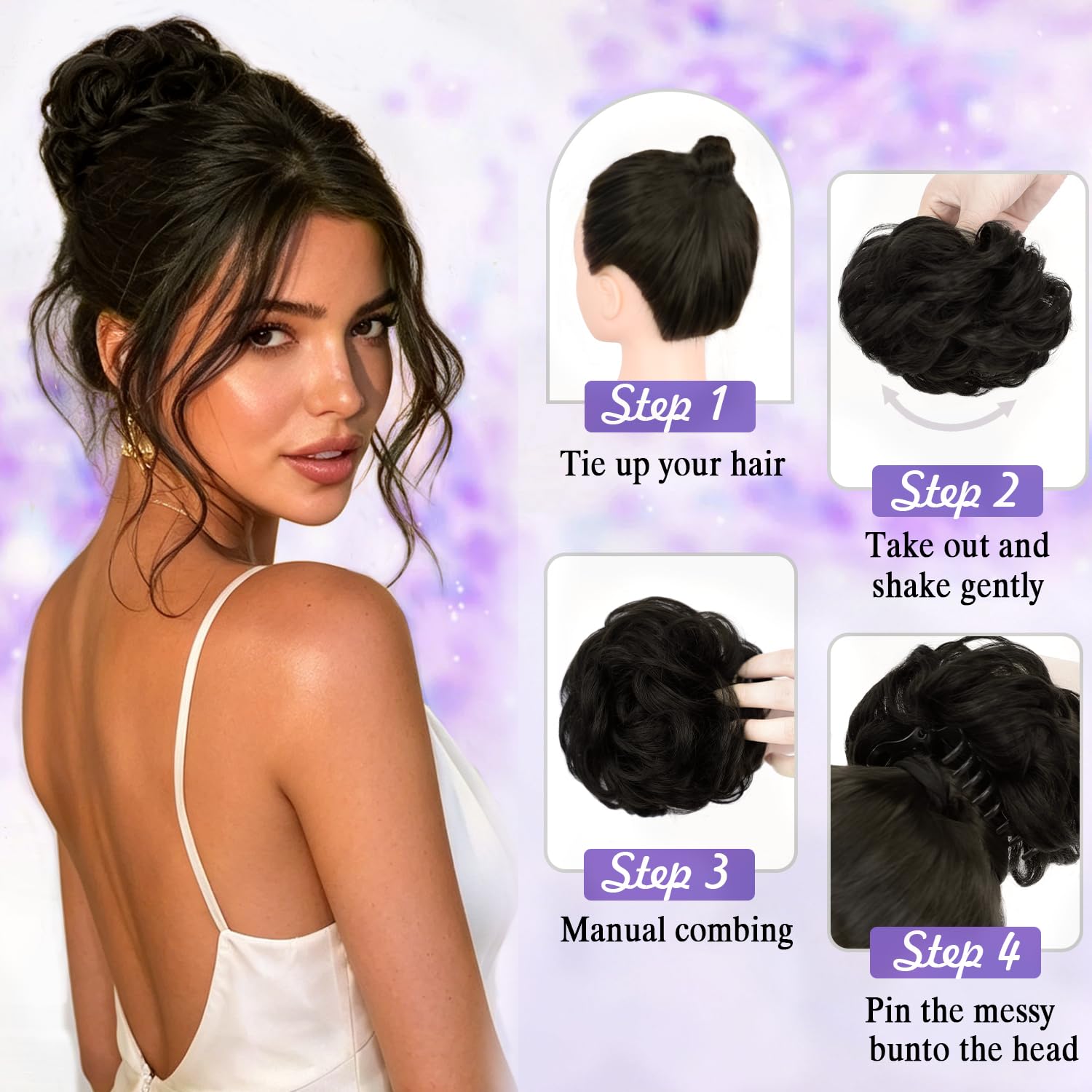 Messy Bun Hair Piece 100% Real Human Hair Buns Hair Piece Claw Clip Bun Natural Curly Chignon Bun Extensions Tousled Updo Claw Clip Ponytail for Women （Natural Color）