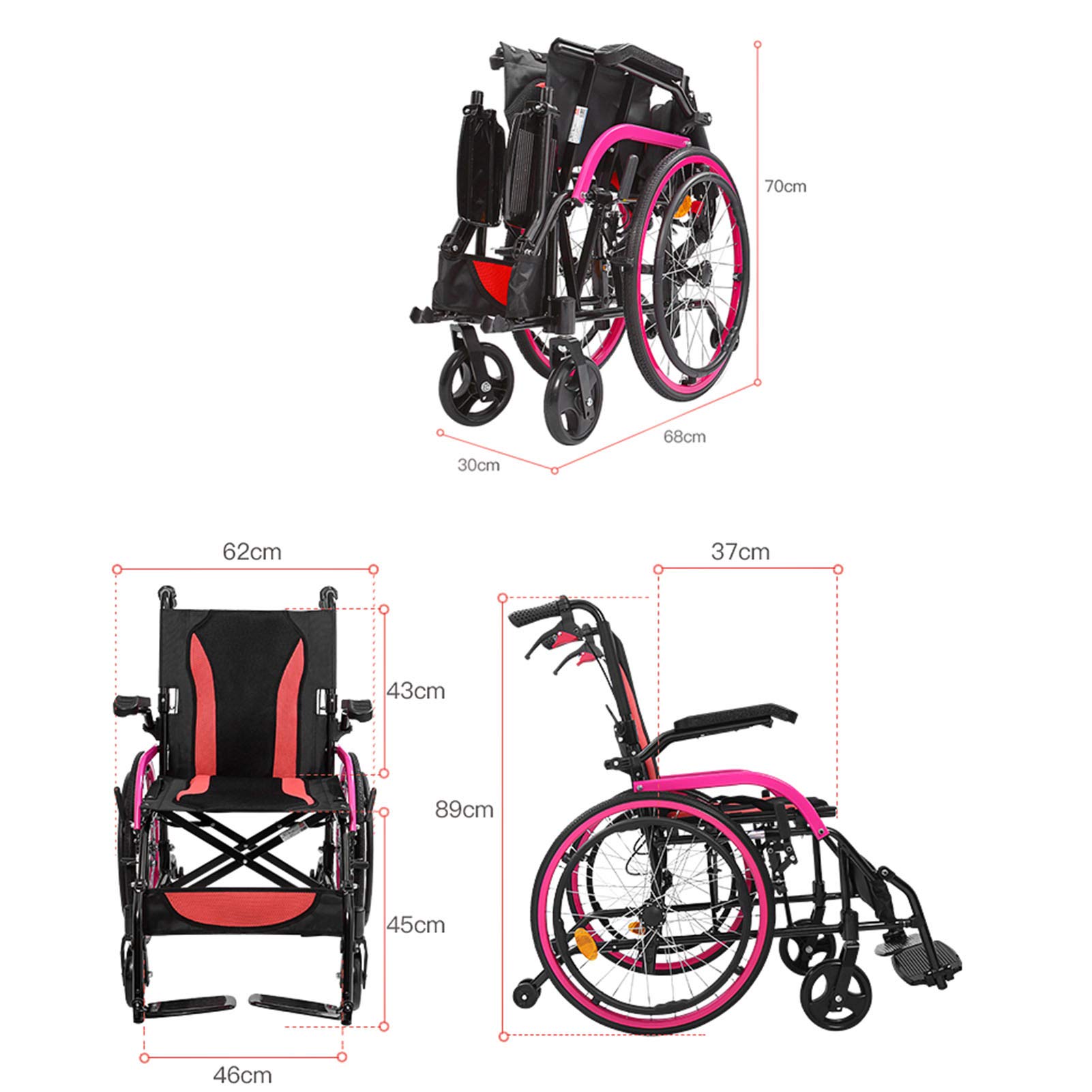 Lekkie Wózki Inwalidzkie, Samojezdne Wózki Inwalidzkie Składane Lekkie/Pink