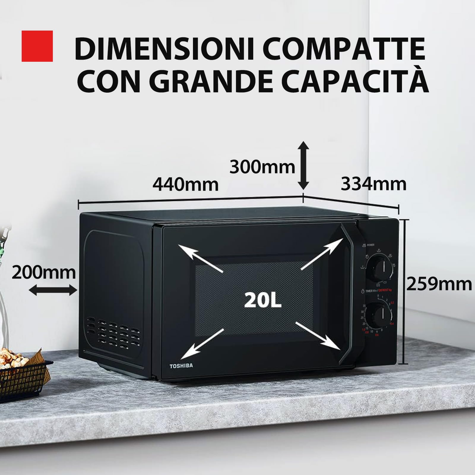 Toshiba MW2-MG20P(BK) 3-in-1 Forno Microonde Grill Combinato, 20 L, 5 Livelli di Potenza Regolabili, Timer, 800 W, Grill 1000 W, Nero