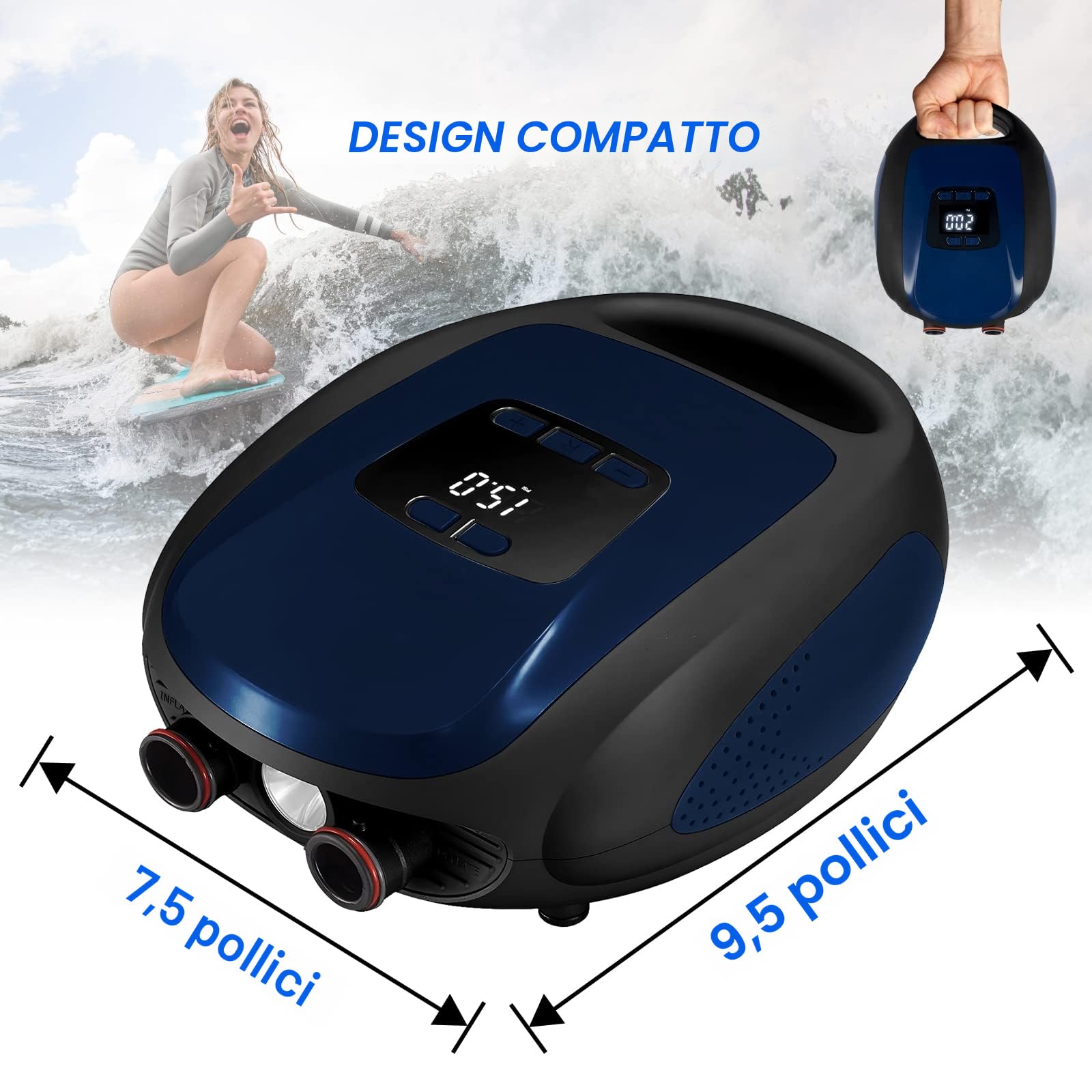 Pompa Elettrica SUP, 20PSI Alta Pressione Sup Portatile Air Pump 12v DC con Auto-Off/Gonfiaggio/Sgonfiaggio Doppio Stadio, per Kayak/Materasso/Ala Da Vento/Sport Acquatici