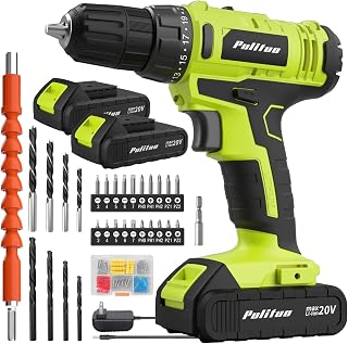 PULITUO 20V Cordless Drill Driver Kit: 30Nm Torque, 2x1.5Ah Batteries, 34Pc Accessories, LED Light, 2 Speeds (Green, Model 7720)