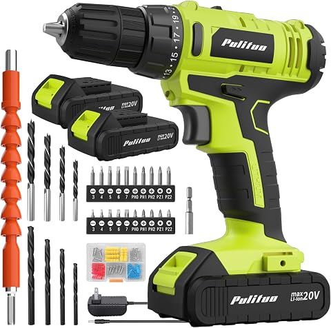 PULITUO'S 20V Cordless Drill/Driver with 2 Batteries, 30Nm Torque, 21+1 Settings, 2-Speed, LED Light, 34-Piece Kit