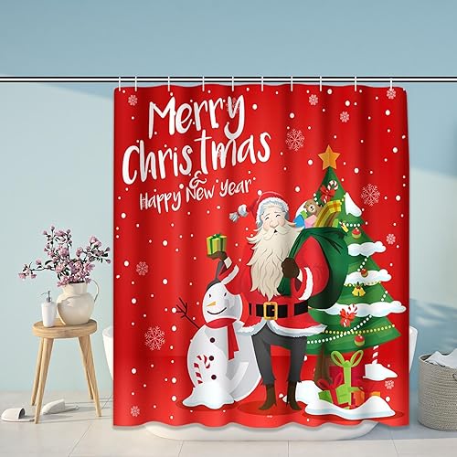 Miniatura 3 de Juego de cortina de ducha roja de muñeco de nieve y Papá Noel con alfombras, juego de baño con alfombra antideslizante, cubierta para tapa de
