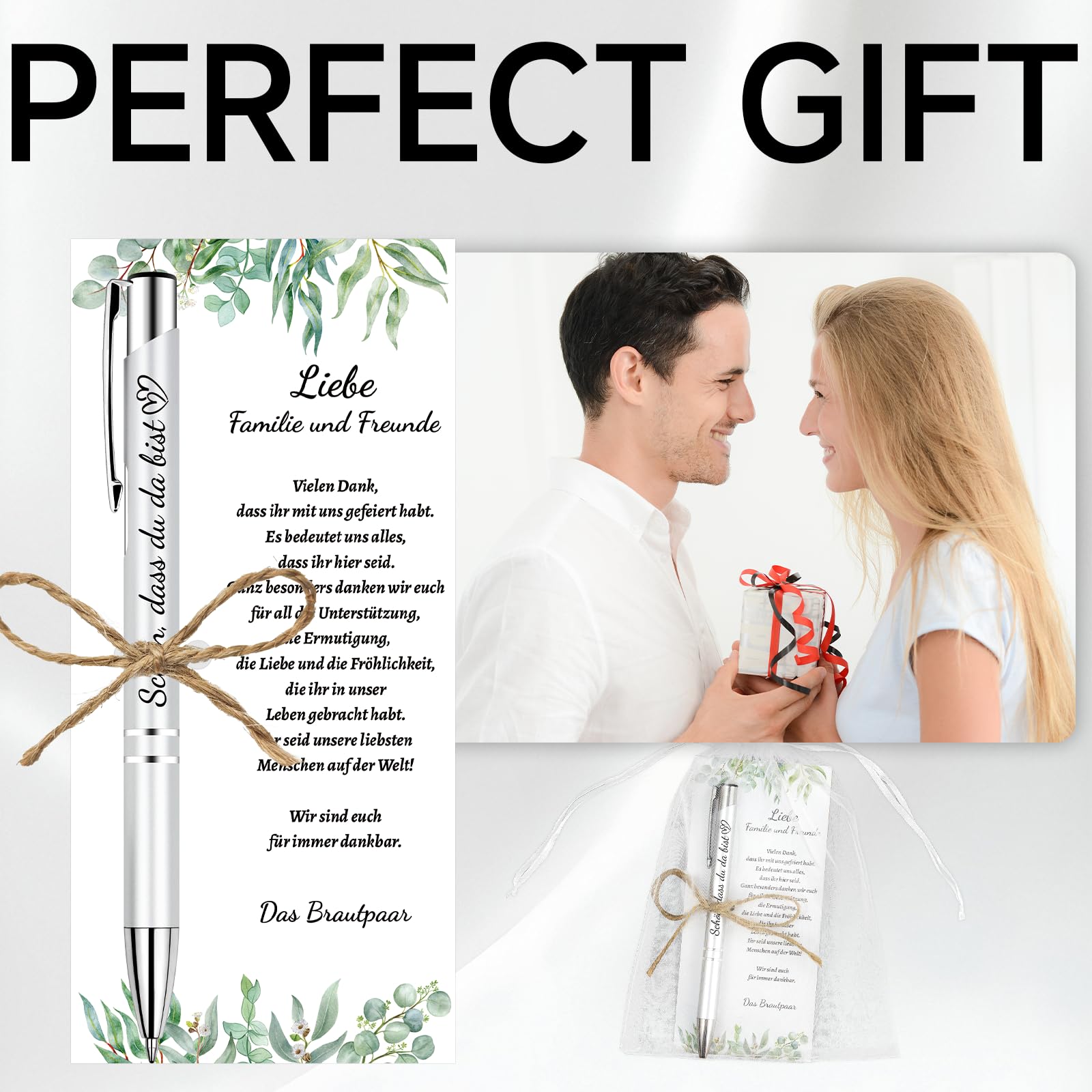 Hochzeitsgeschenke für Gäste, 15er Gastgeschenke Hochzeit Kugelschreiber Schön Das du da Bist Druckkugelschreiber Organzabeutel Hochzeit Mitgebsel Party Geschenkset für Familie und Freunde