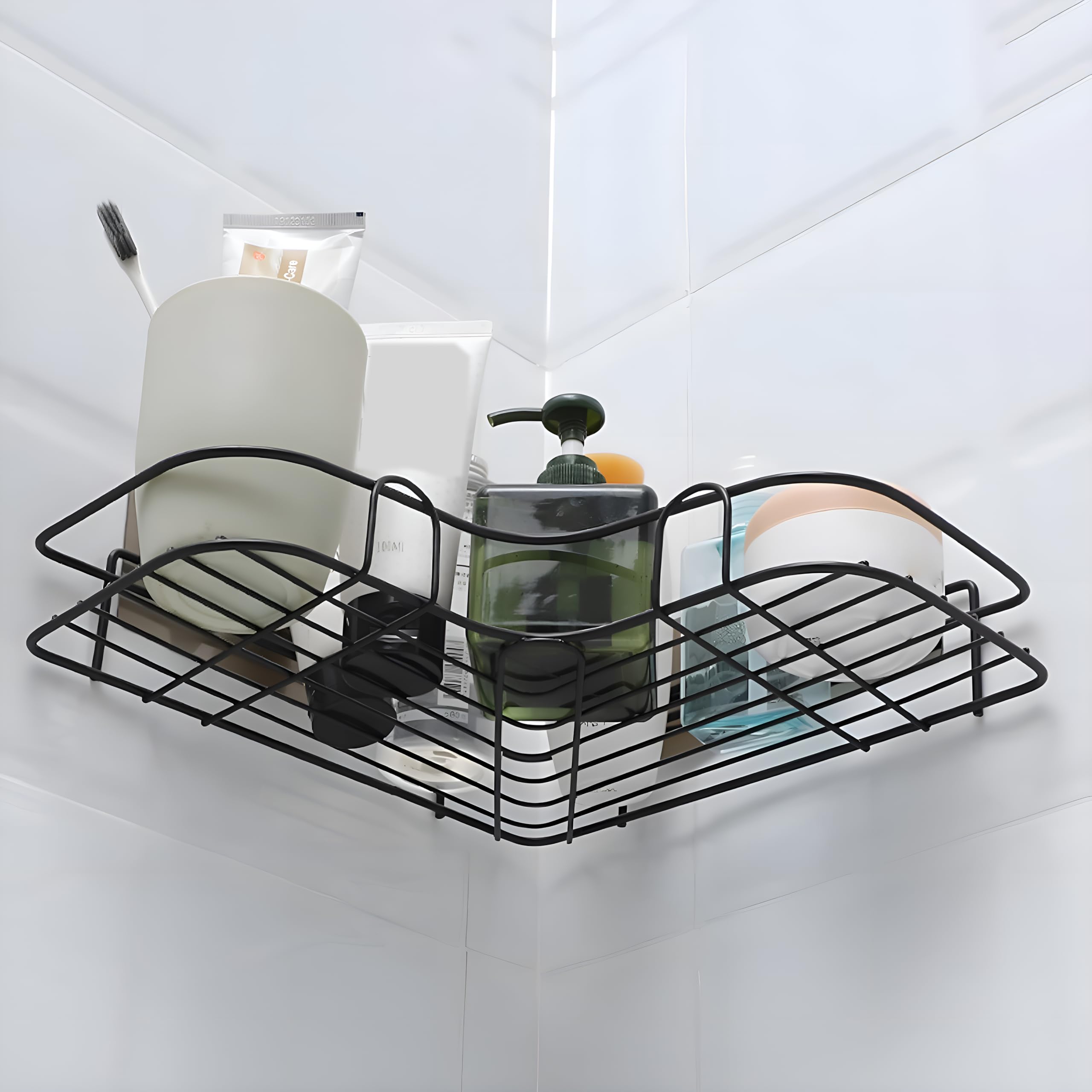 Ruboxa Self Adhesive Corner Shelf for Bathroom/GI Metal Shelf for Kitchen with Magic Sticker/Bathroom Organizer - Pack of 2 (Black) 1