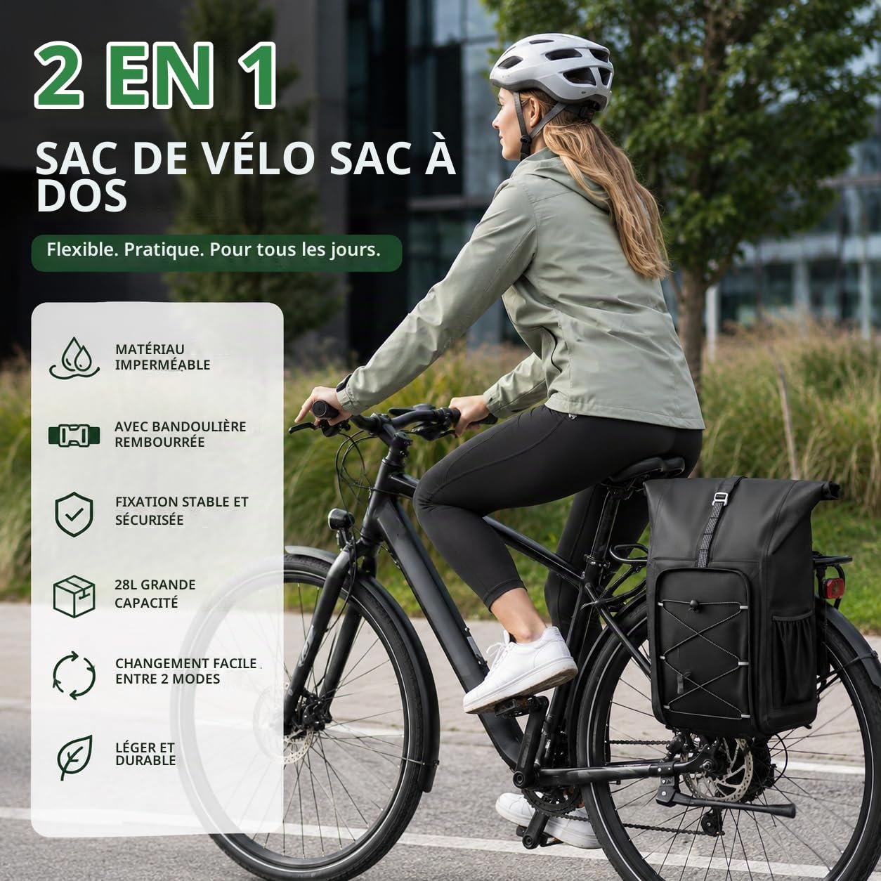 AUMTISC Sacoche Vélo Porte Bagages 3 en 1, Sac à Dos Vélo Étanche 28L pour Homme et Femme, Sacoche Ordinateur Portable avec Bandoulière Amovible, Idéal pour Trajet Quotidien, Cyclisme et Randonnée