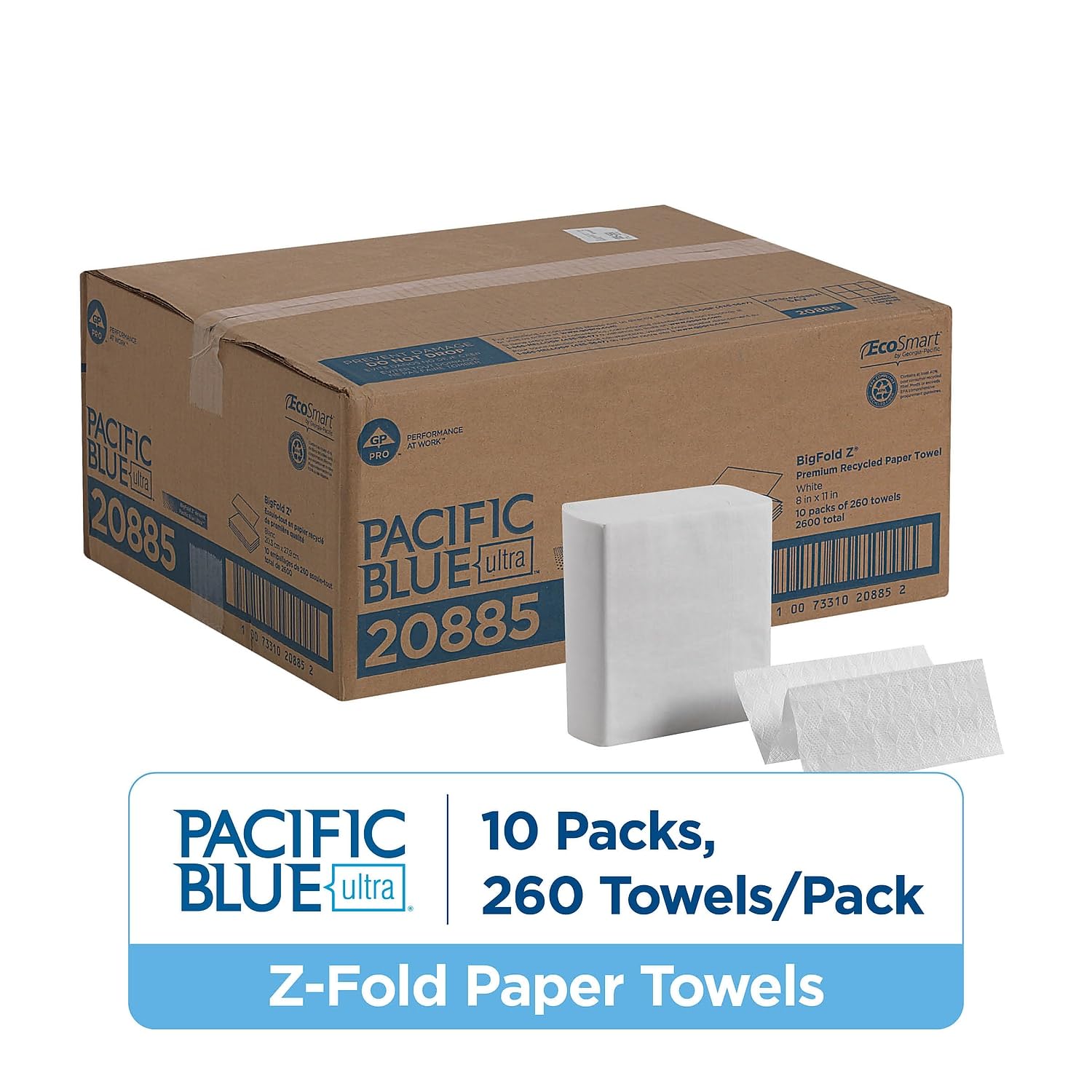 Toalla de papel plegable en Z azul Pacífico de GP Pro, blanco, 260 toallas por paquete, 10 paquetes por caja