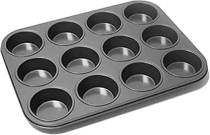 Prochef Teflon Non-Stick Premium Coated 12 Cup Muffin Tray - Length 35cm x Width 27cm, Black