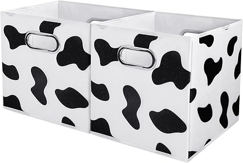 Miniatura 7 de ANMINY 2 cubos de almacenamiento con estampado de vaca, cestas de almacenamiento de 11 pulgadas con asas, lavables, plegables, de tela de algodón,