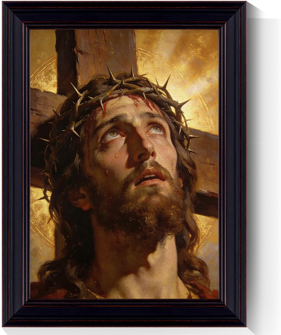 Framed Jesus Crucifixion Canvas Wall Art, Classic Good Friday Poster, Christian Religious Spiritual Faith Painting for Prayer Room, Cross And Nails Picture 12x16in