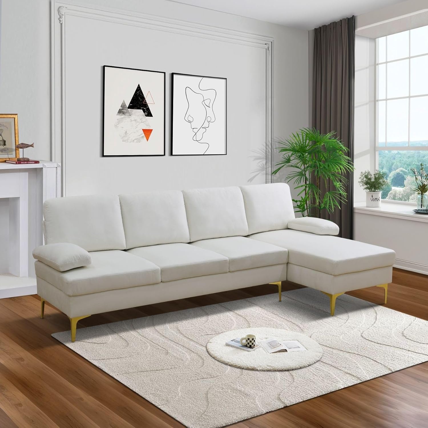 2-Piece Living Room Sofa Set Off-White Fluffy Fabric