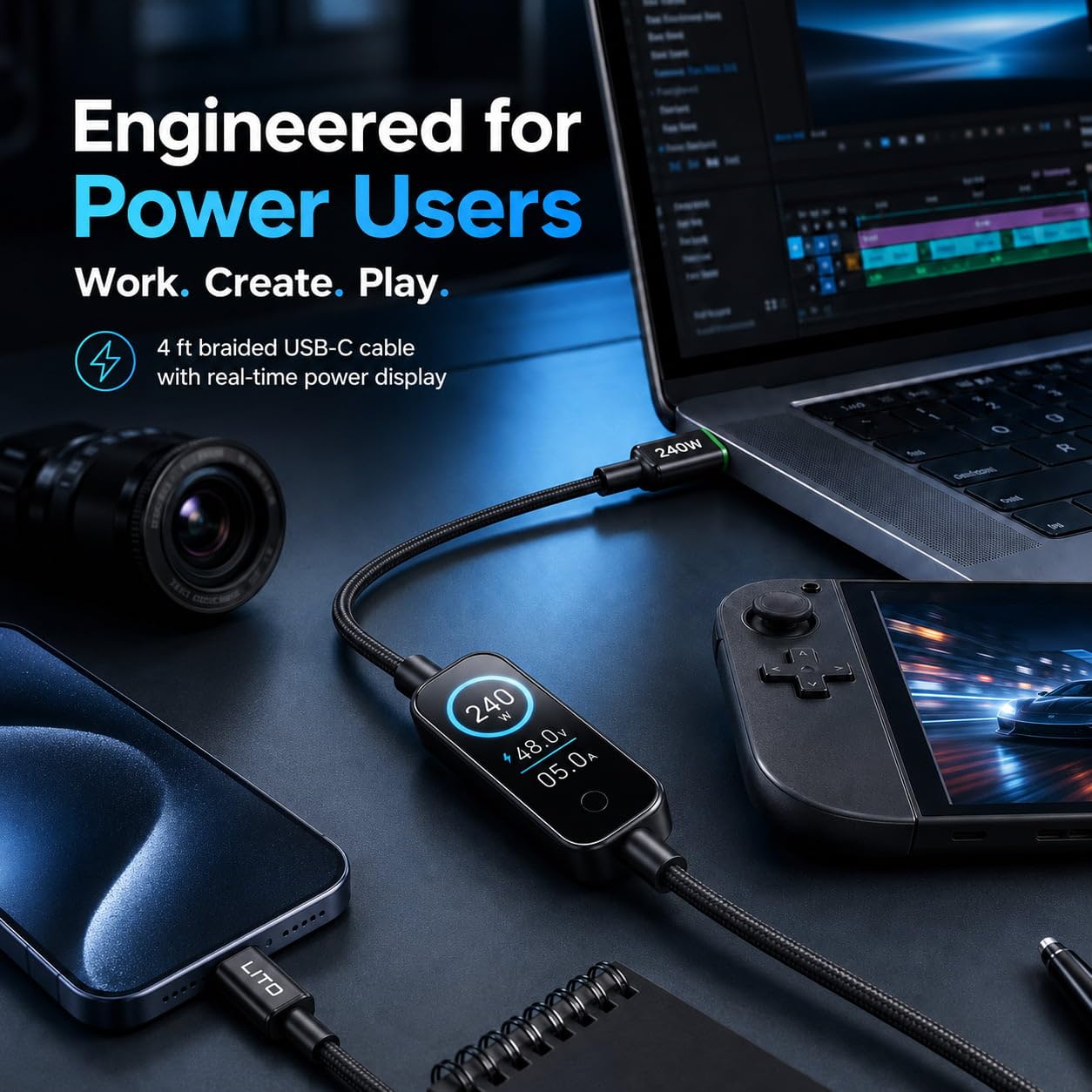 LITO Cavo da USB C a USB C da 240 W con display LED intelligente e monitoraggio della potenza in tempo reale, ricarica rapida PD 3.1, cavo di ricarica intrecciato in nylon di alta qualità, compatibile