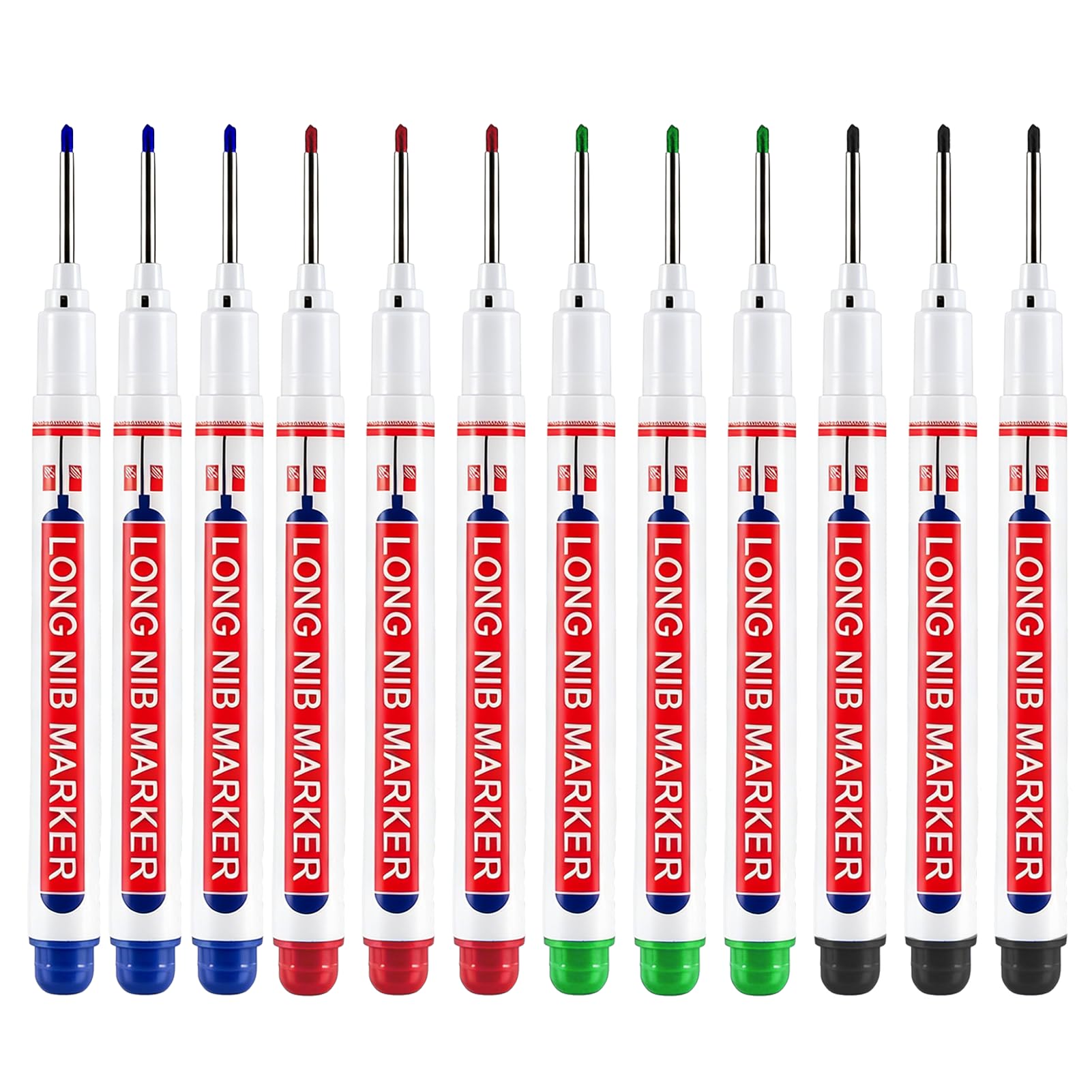 12PCS Long Nib Marker Pen, Waterproof 20 mm Long Head Deep Hole Marker, Colorful Construction Marking Carpenter for Permanent Marking of Hard to Reach Areas