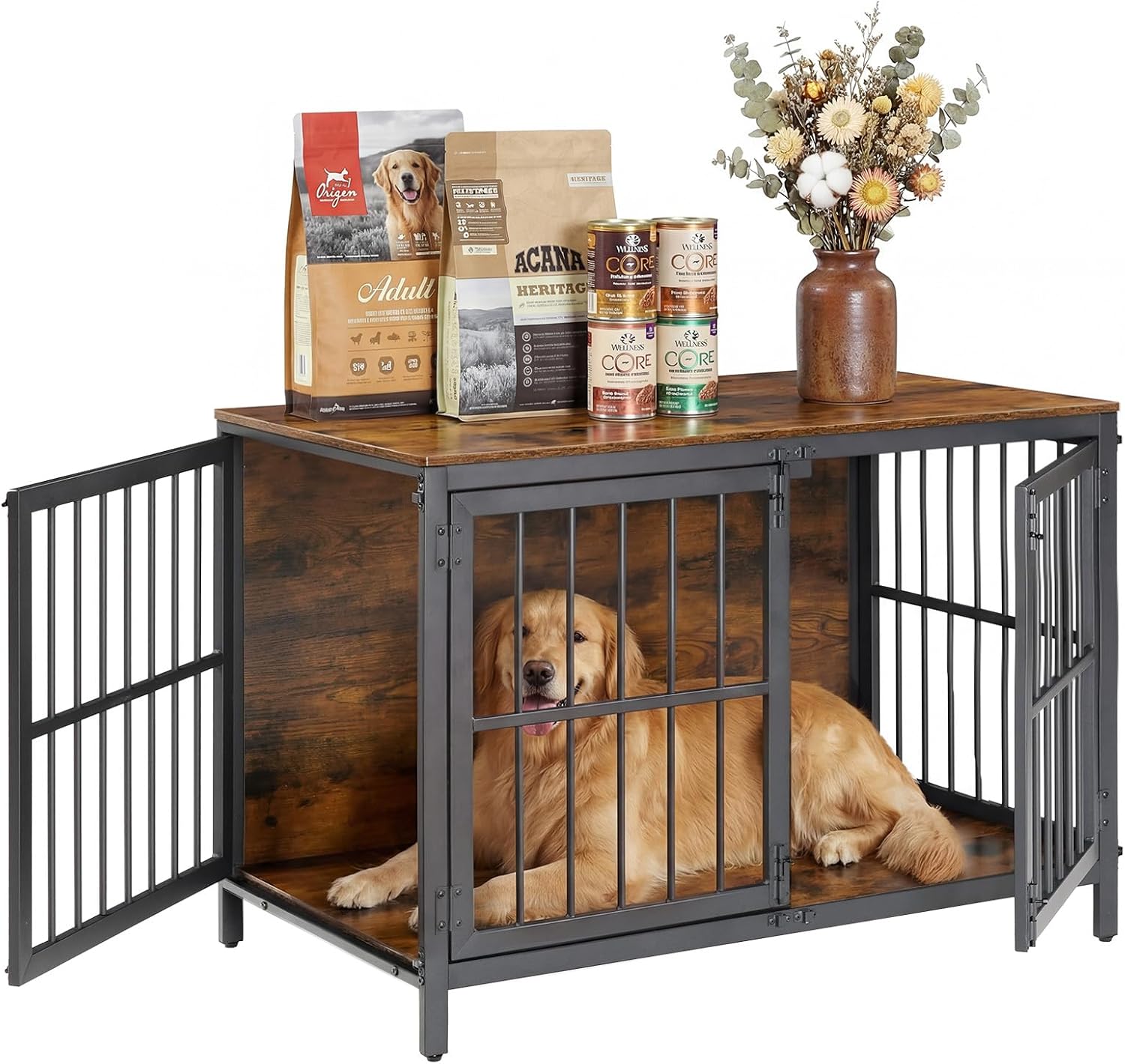 HOOBRO Heavy Duty Dog Crate Furniture, 39.4" Wooden Indoor Kennel with 3 Doors, Chew Resistant Metal Cage for Medium and Large Breeds, Dog Crate Side Table, Black and Rustic Brown BF101GW03